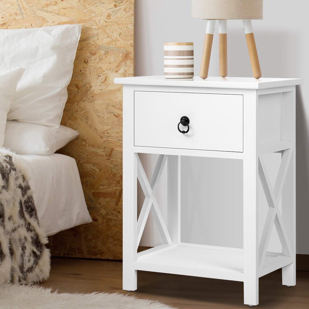 Rustic Bedside Table Set of 2 Wooden Nightstand Drawer Shelf White