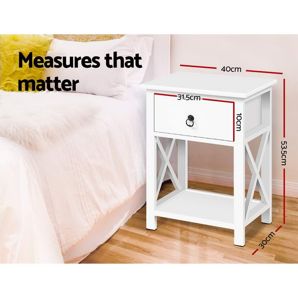 Rustic Bedside Table Set of 2 Wooden Nightstand Drawer Shelf White