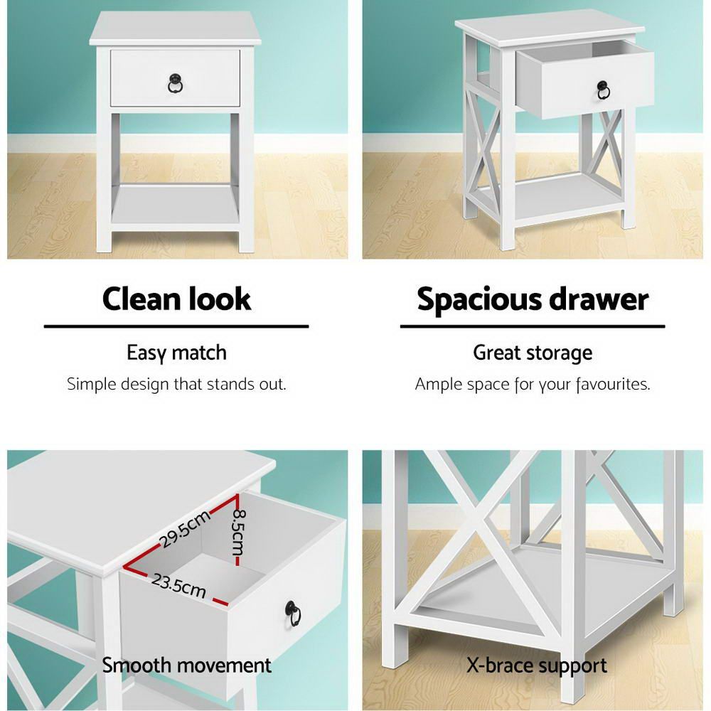 Rustic Bedside Table Set of 2 Wooden Nightstand Drawer Shelf White