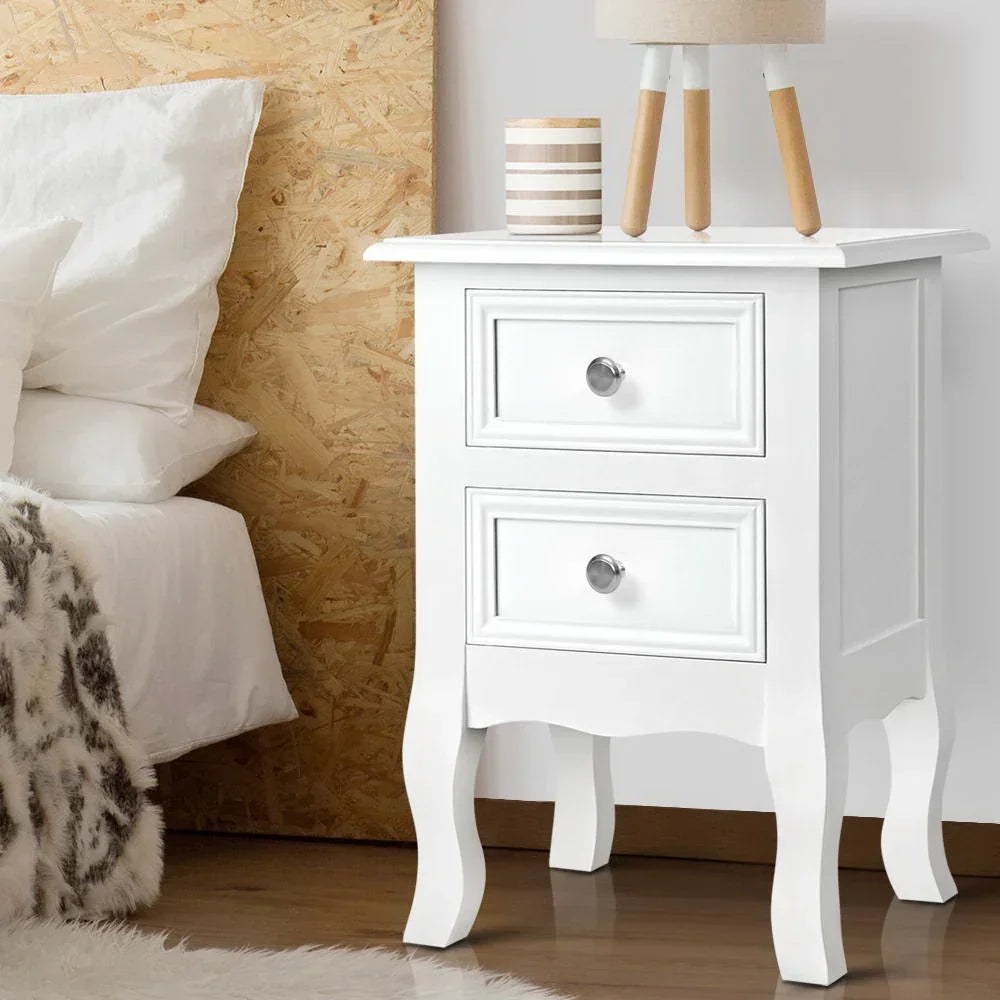 French Provincial Bedside Table 2 Drawer White Nightstand Wooden