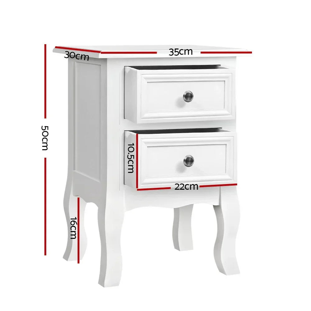 French Provincial Bedside Table 2 Drawer White Nightstand Wooden