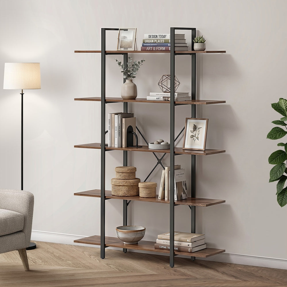 Display Shelf 5‑Tier 1.2m – Rustic Walnut & Black Metal Bookshelf