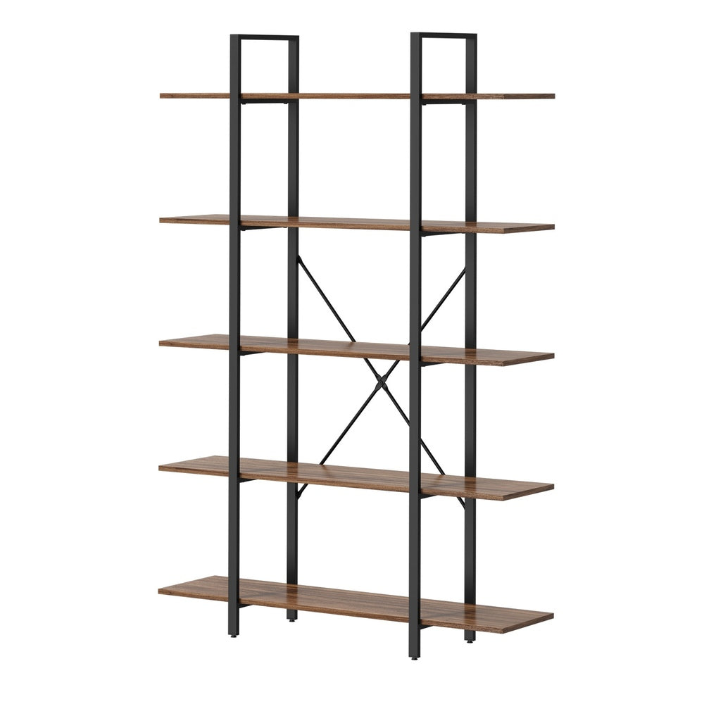 Display Shelf 5‑Tier 1.2m – Rustic Walnut & Black Metal Bookshelf
