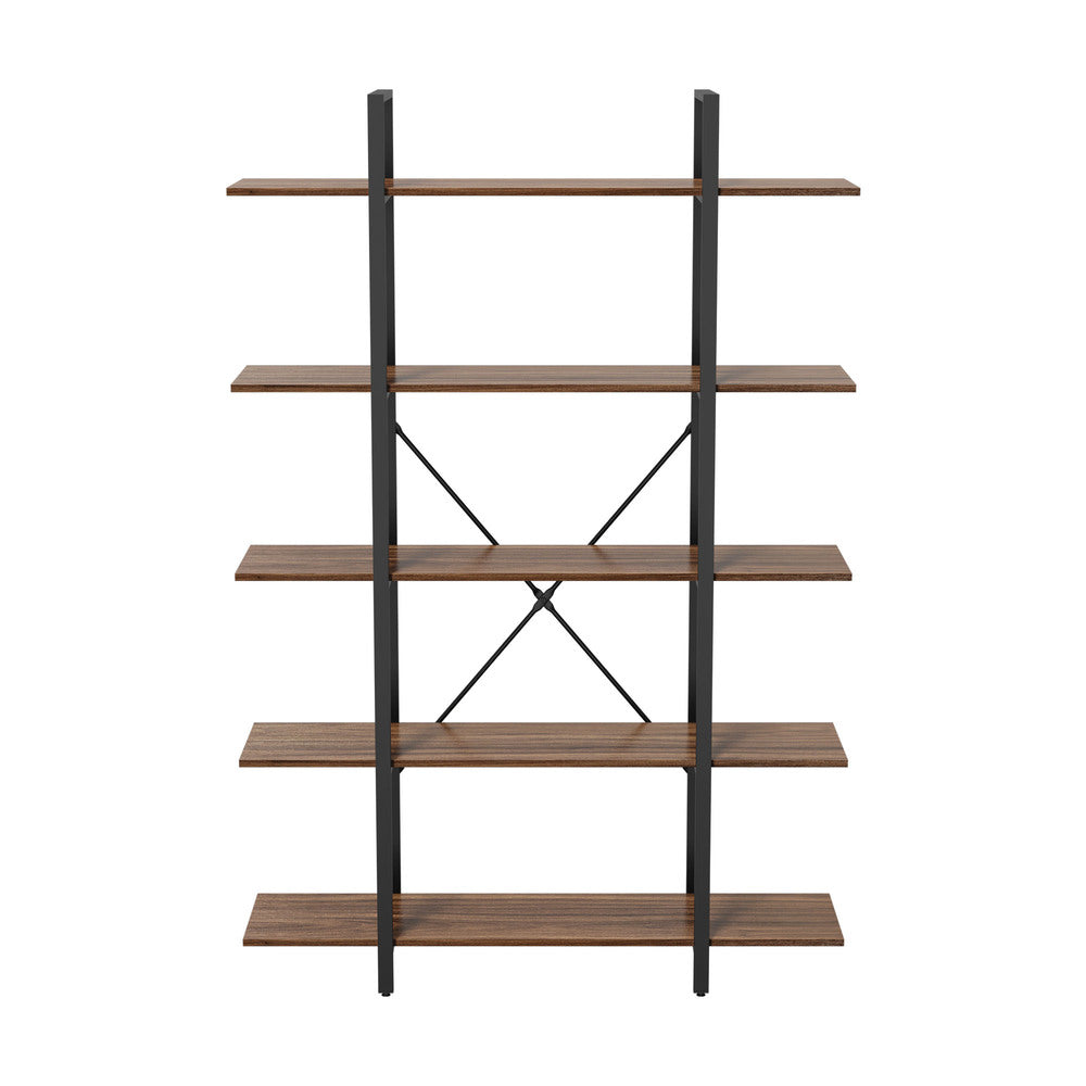 Display Shelf 5‑Tier 1.2m – Rustic Walnut & Black Metal Bookshelf