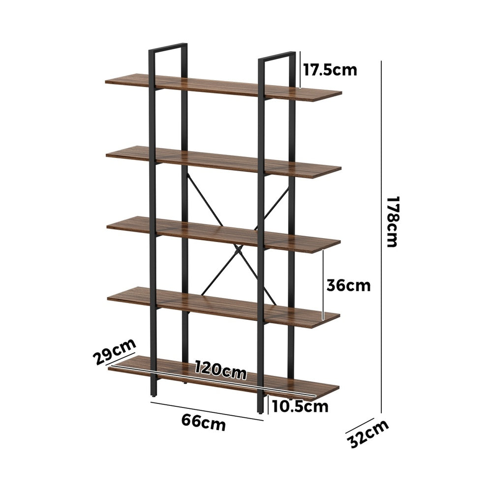 Display Shelf 5‑Tier 1.2m – Rustic Walnut & Black Metal Bookshelf