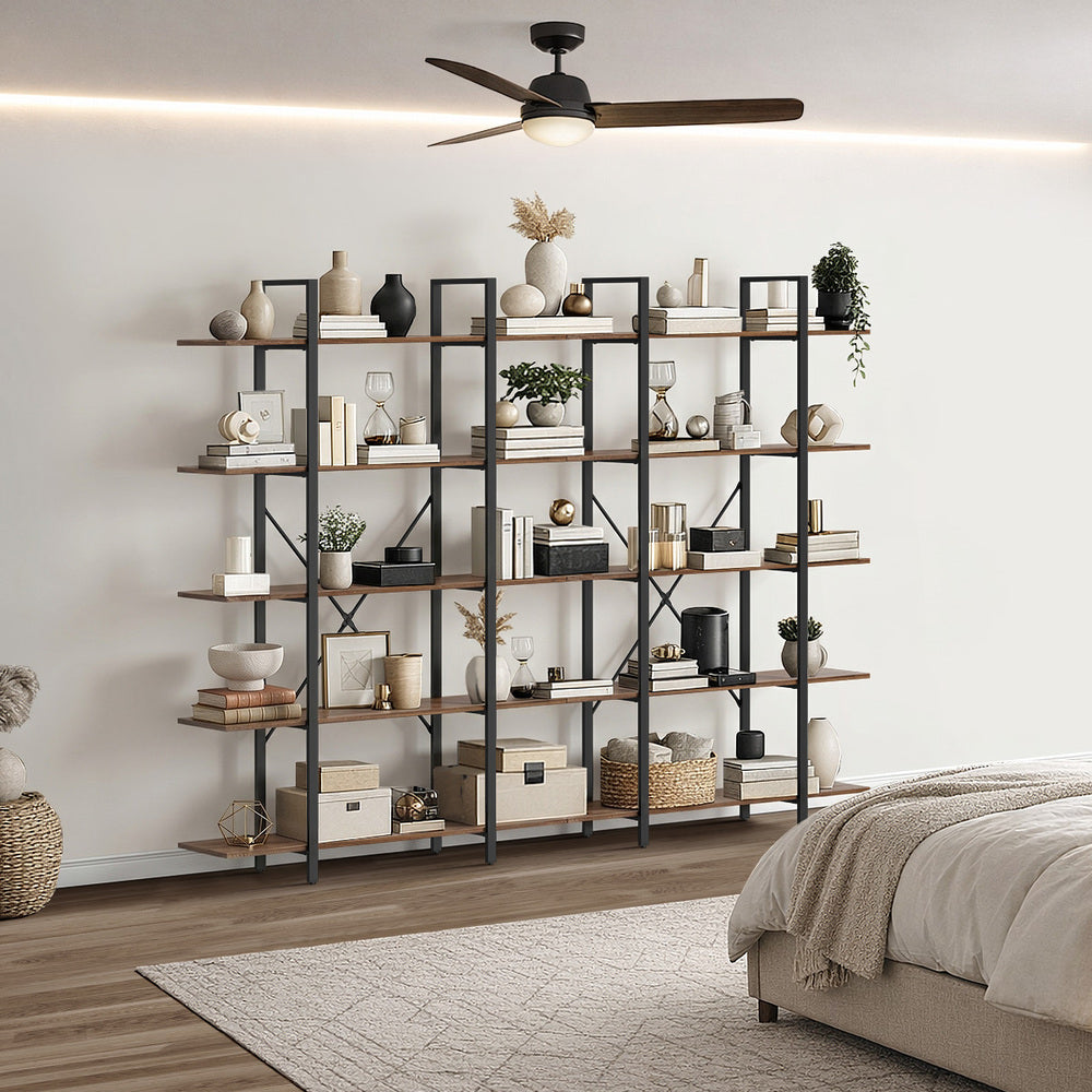 Display Shelf 5‑Tier 1.2m – Rustic Walnut & Black Metal Bookshelf