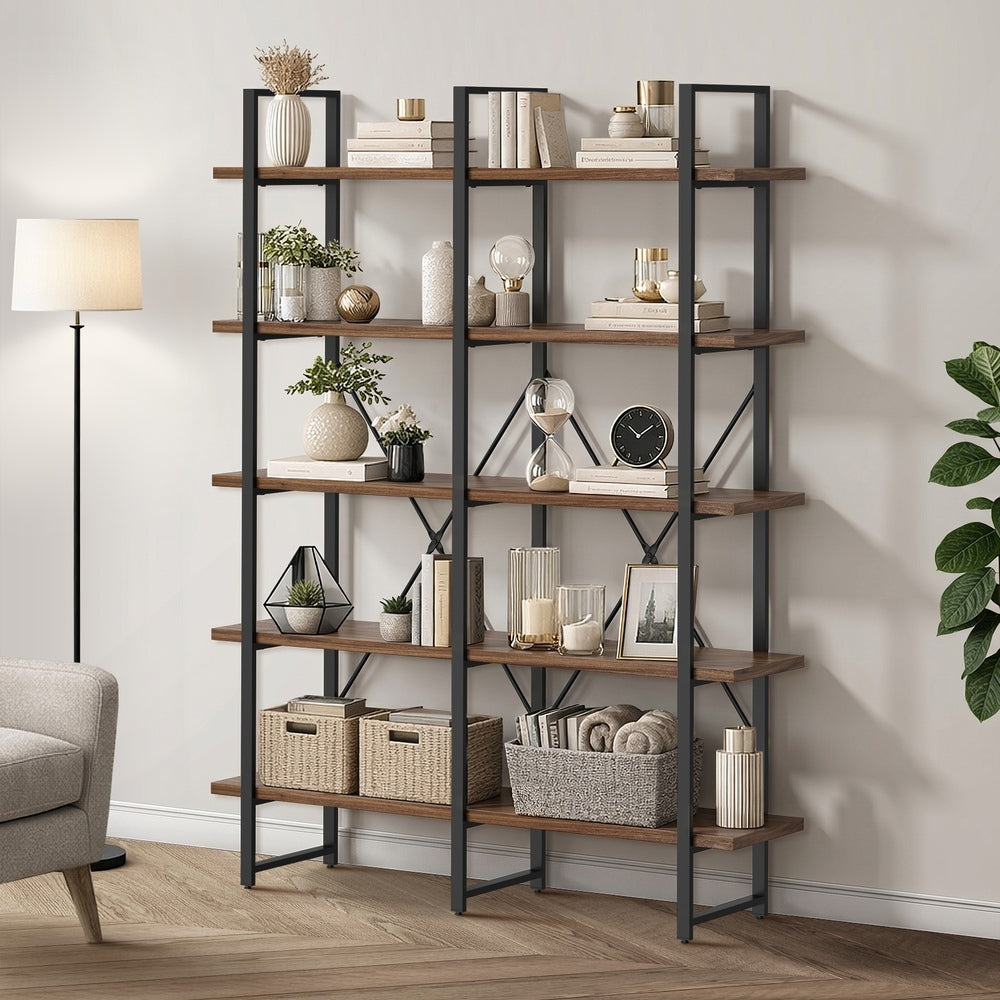 5‑Tier Industrial Display Shelf – Rustic Walnut, Metal Frame, 15kg Per Shelf