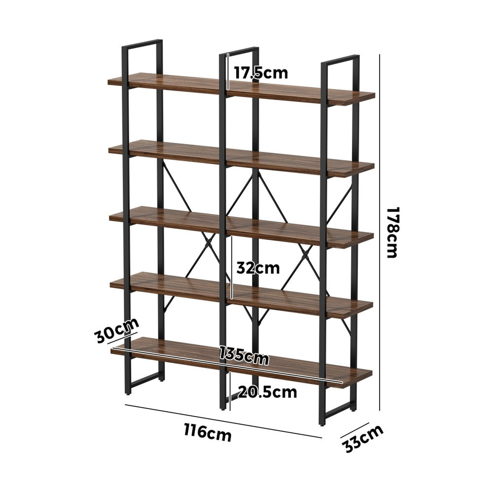 5‑Tier Industrial Display Shelf – Rustic Walnut, Metal Frame, 15kg Per Shelf