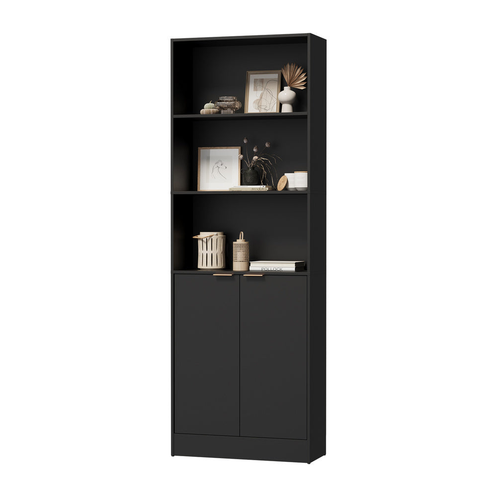 Tall Bookcase Display Shelf 2 Door Adjustable Cabinet Black