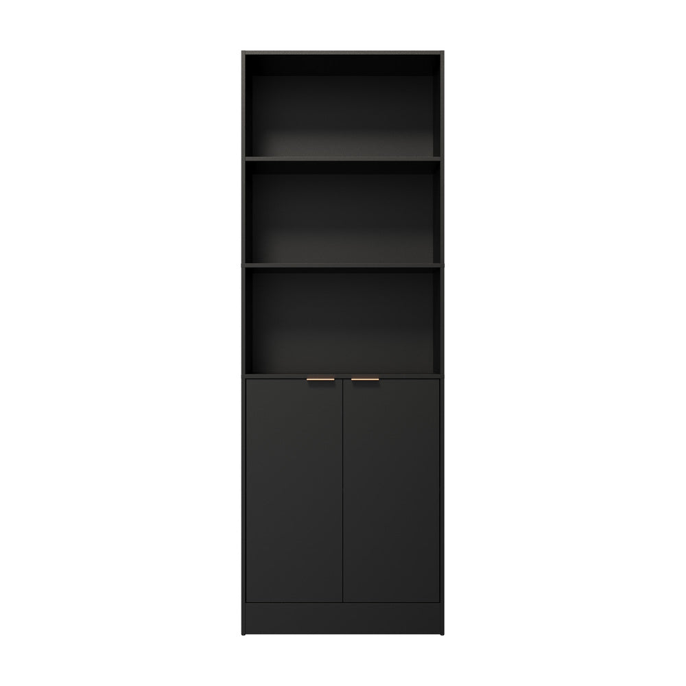 Tall Bookcase Display Shelf 2 Door Adjustable Cabinet Black