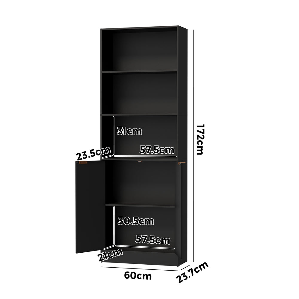 Tall Bookcase Display Shelf 2 Door Adjustable Cabinet Black