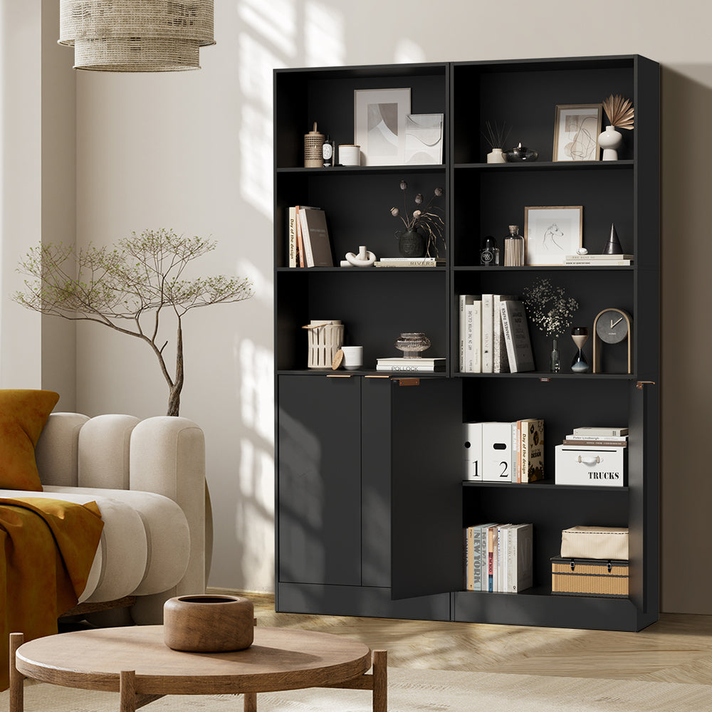 Tall Bookcase Display Shelf 2 Door Adjustable Cabinet Black
