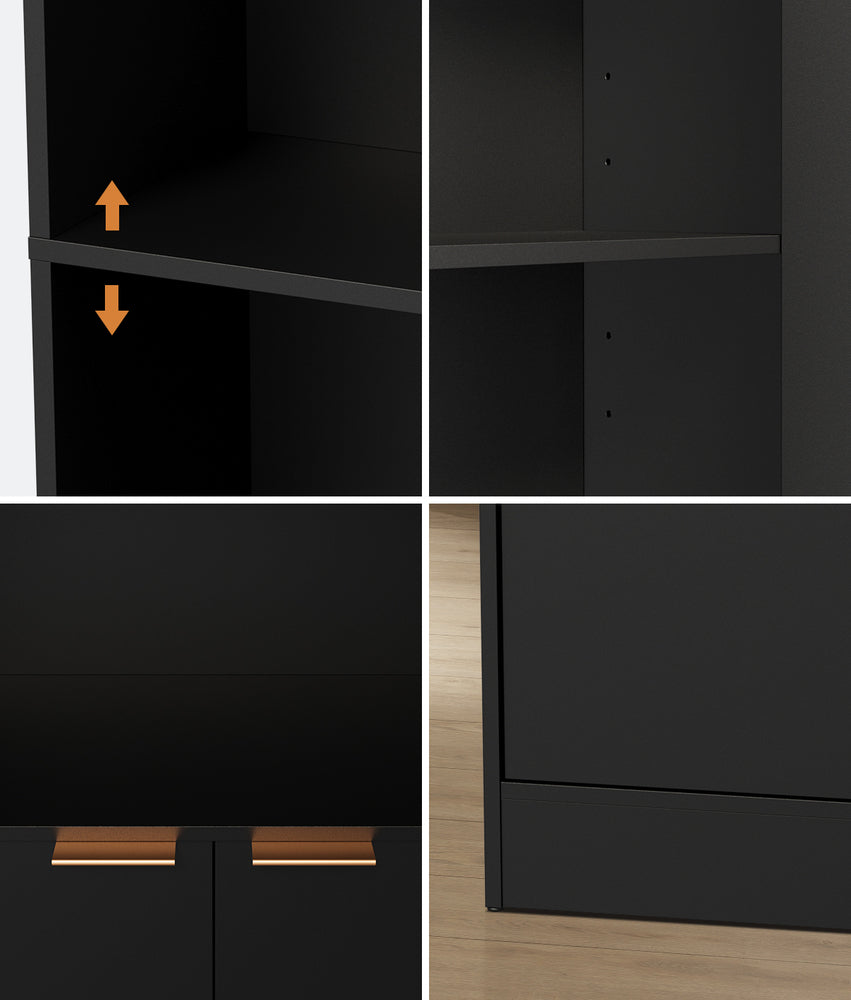 Tall Bookcase Display Shelf 2 Door Adjustable Cabinet Black