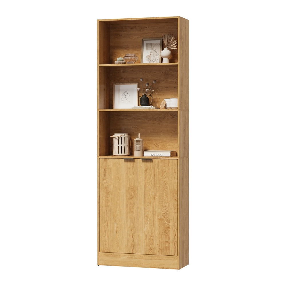 Tall Bookcase Display Shelf 2 Door Adjustable Cabinet Natural