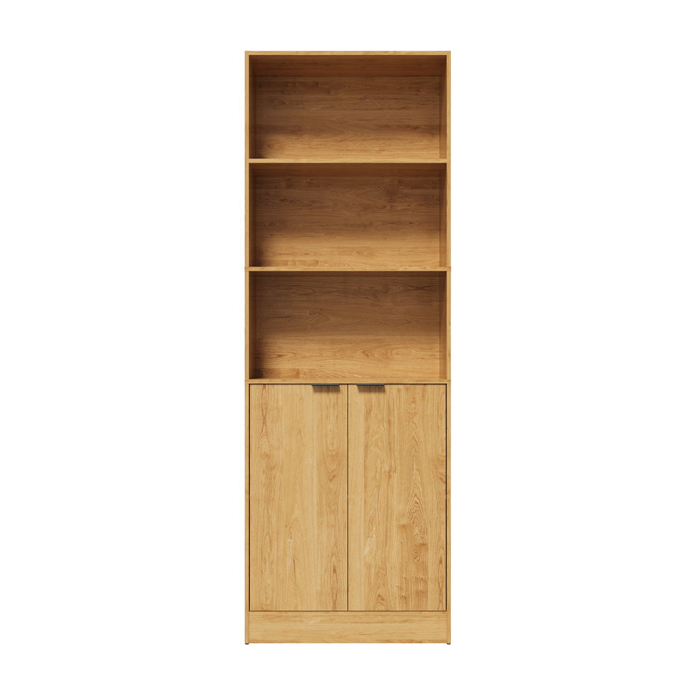 Tall Bookcase Display Shelf 2 Door Adjustable Cabinet Natural
