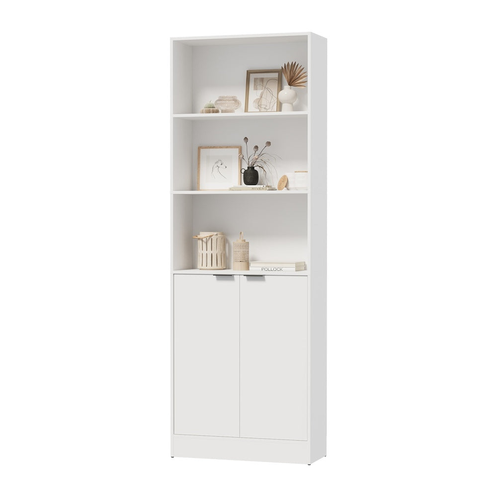 Tall Bookcase Display Shelf 2 Door Adjustable Cabinet White