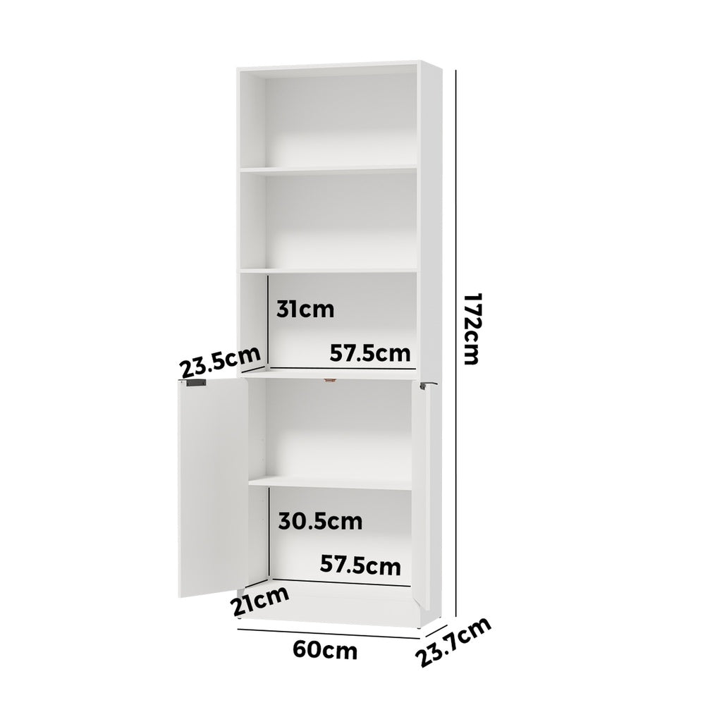 Tall Bookcase Display Shelf 2 Door Adjustable Cabinet White