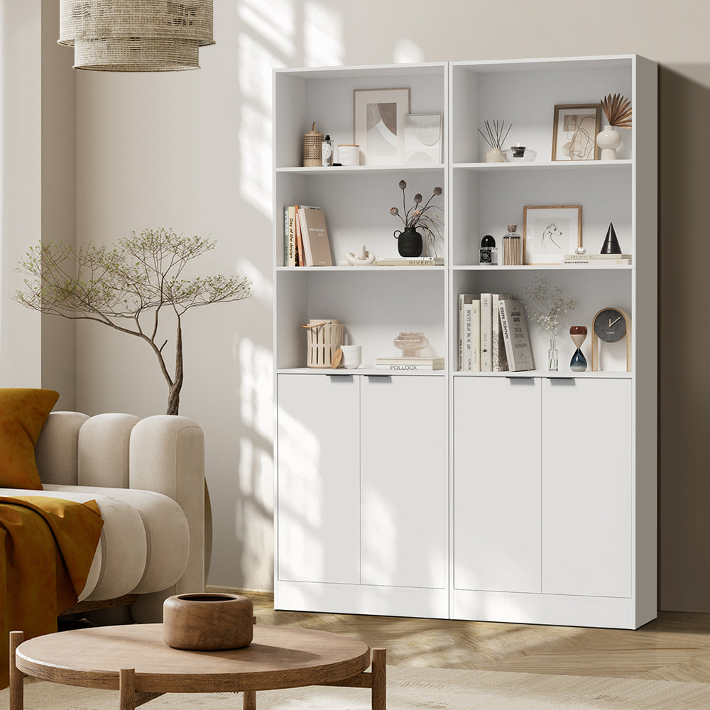 Tall Bookcase Display Shelf 2 Door Adjustable Cabinet White