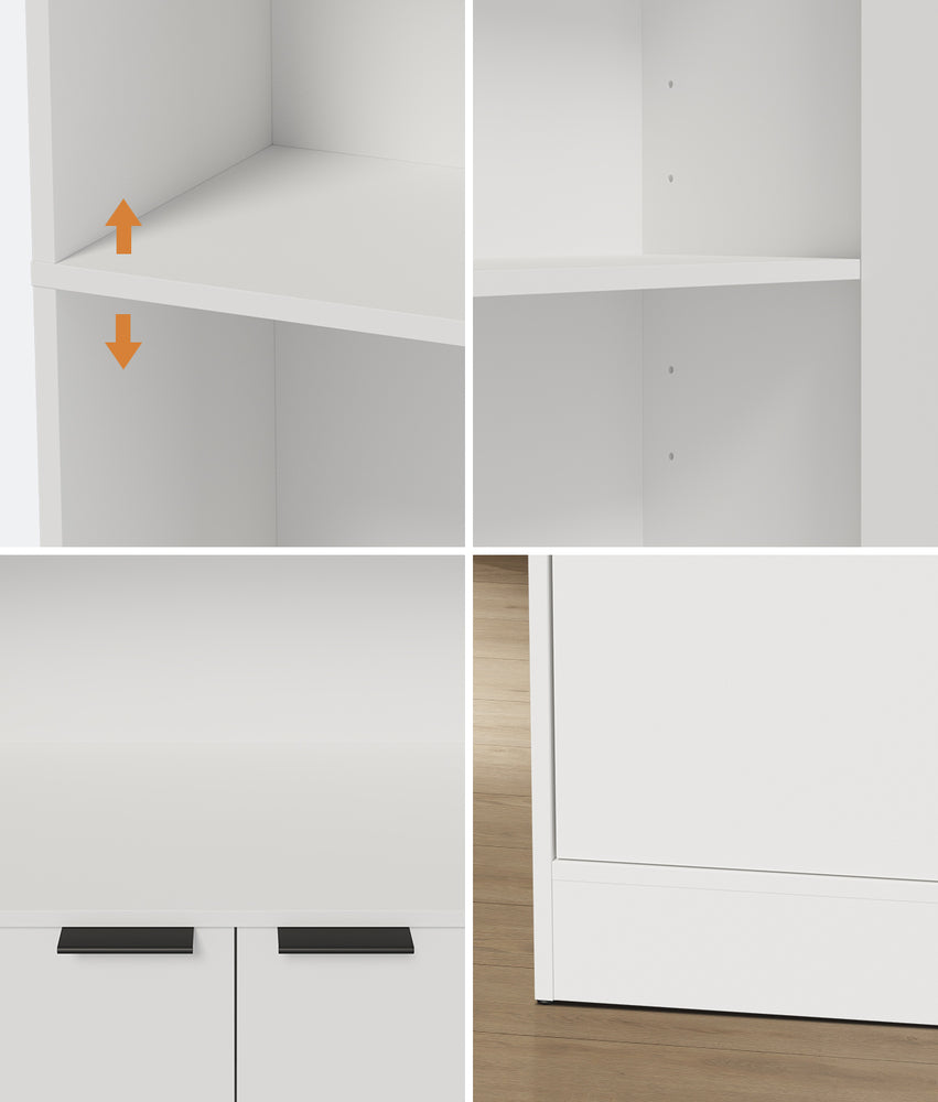 Tall Bookcase Display Shelf 2 Door Adjustable Cabinet White