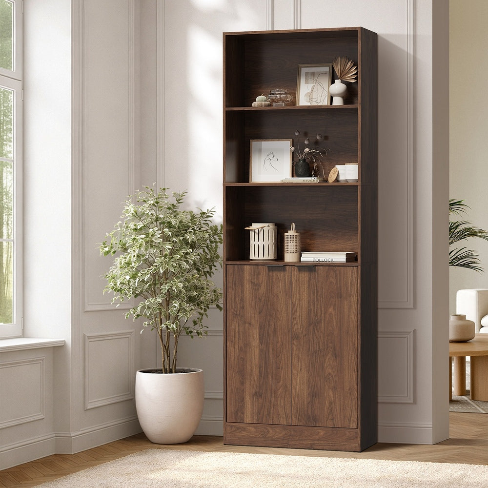 Tall Bookcase Display Shelf 2 Door Adjustable Cabinet Walnut