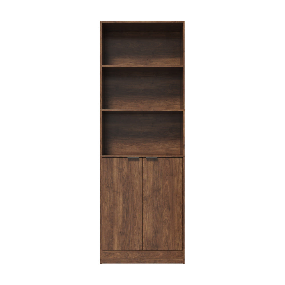 Tall Bookcase Display Shelf 2 Door Adjustable Cabinet Walnut