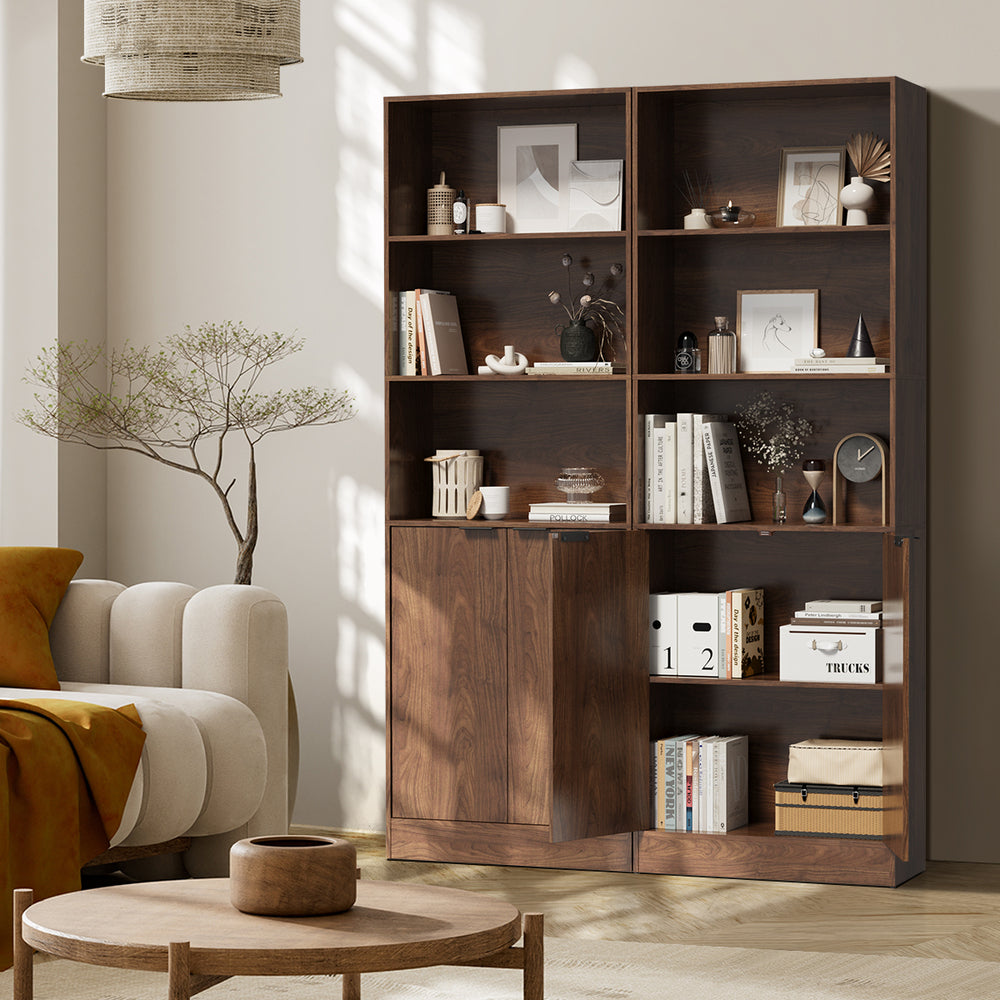 Tall Bookcase Display Shelf 2 Door Adjustable Cabinet Walnut