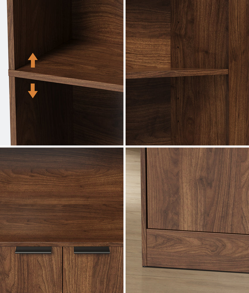 Tall Bookcase Display Shelf 2 Door Adjustable Cabinet Walnut