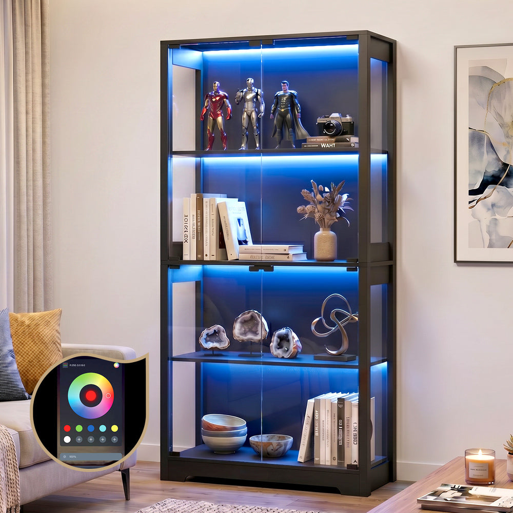 Oikiture 4 Tier Glass Display Cabinet LED Light Bookcase Stand Black