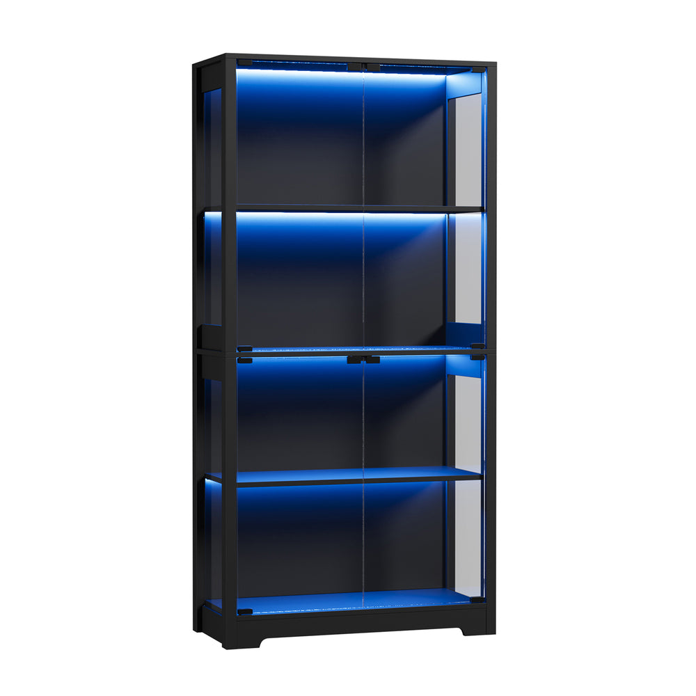 Oikiture 4 Tier Glass Display Cabinet LED Light Bookcase Stand Black