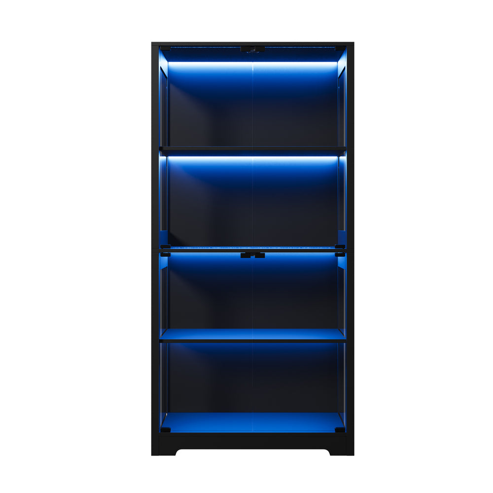 Oikiture 4 Tier Glass Display Cabinet LED Light Bookcase Stand Black