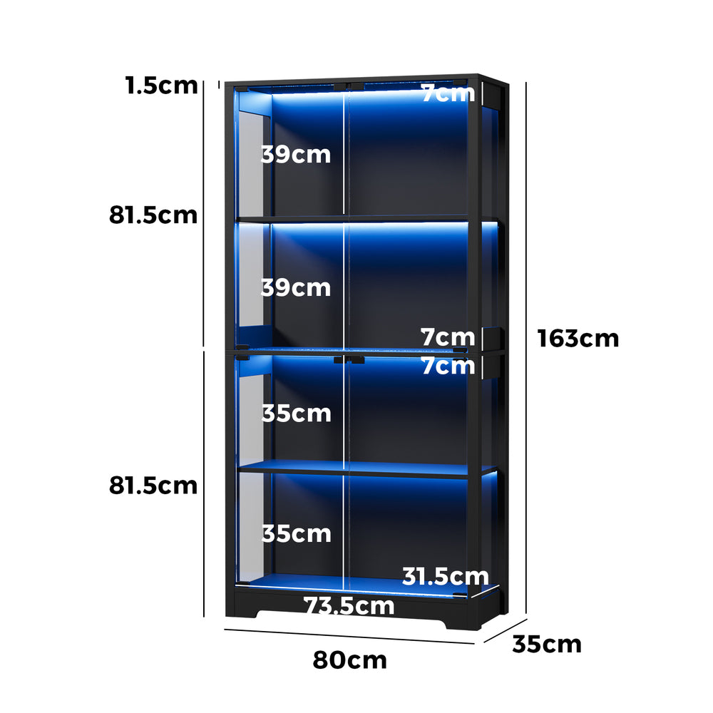 Oikiture 4 Tier Glass Display Cabinet LED Light Bookcase Stand Black