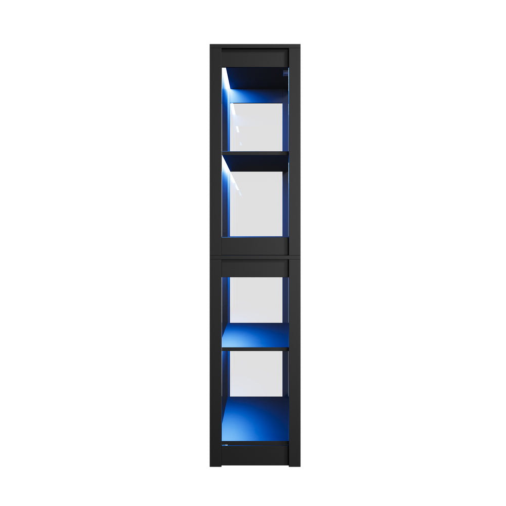 Oikiture 4 Tier Glass Display Cabinet LED Light Bookcase Stand Black