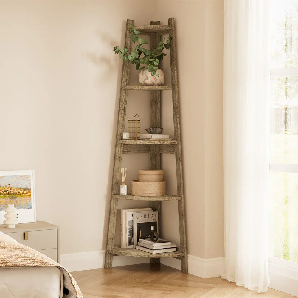 Corner Ladder Shelf 5 Tier Display Stand Bookshelf Natural