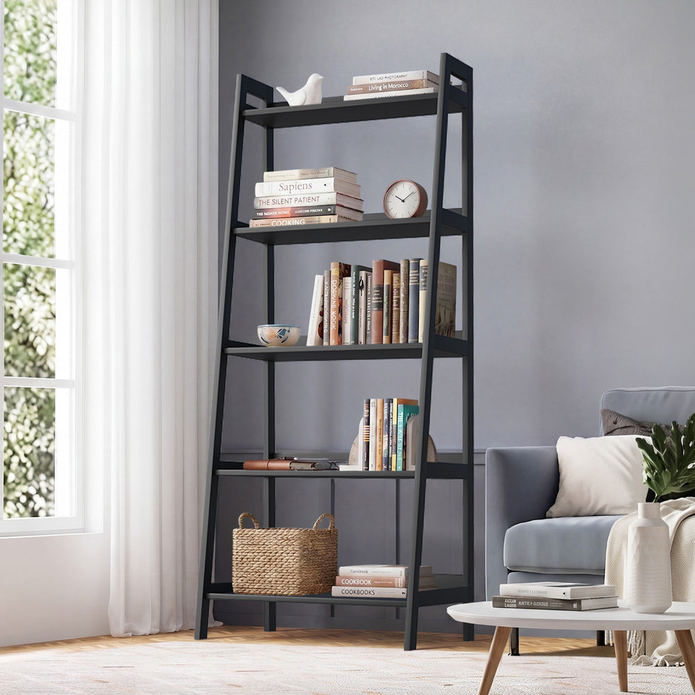 Bookshelf 5 Tier Corner Ladder Display Rack, Black, 10kg Per Tier