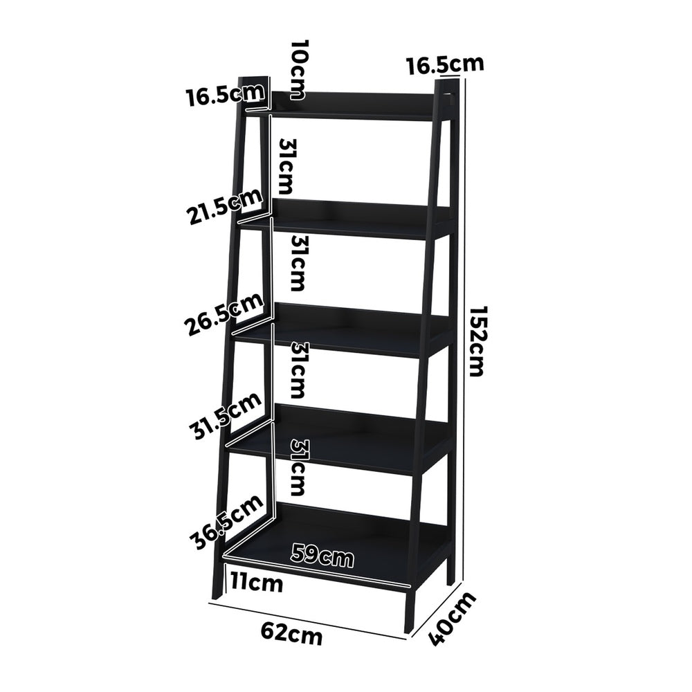 Bookshelf 5 Tier Corner Ladder Display Rack, Black, 10kg Per Tier
