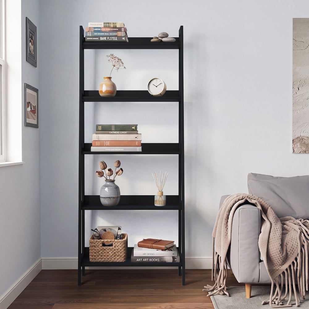 Oikiture Bookshelf 5 Tier Corner Ladder Display Rack Black