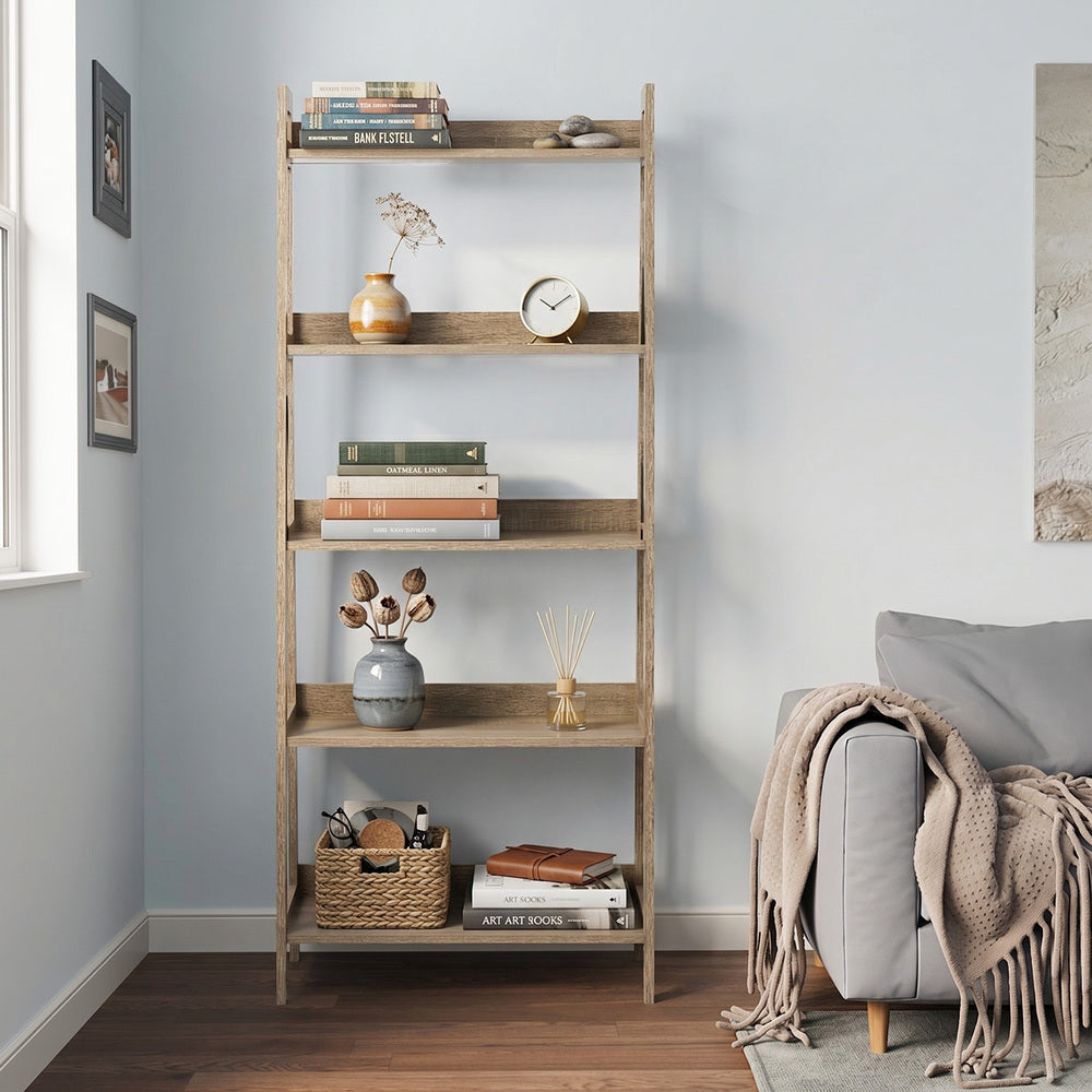 Oikiture Bookshelf 5 Tier Corner Ladder Display Rack Natural