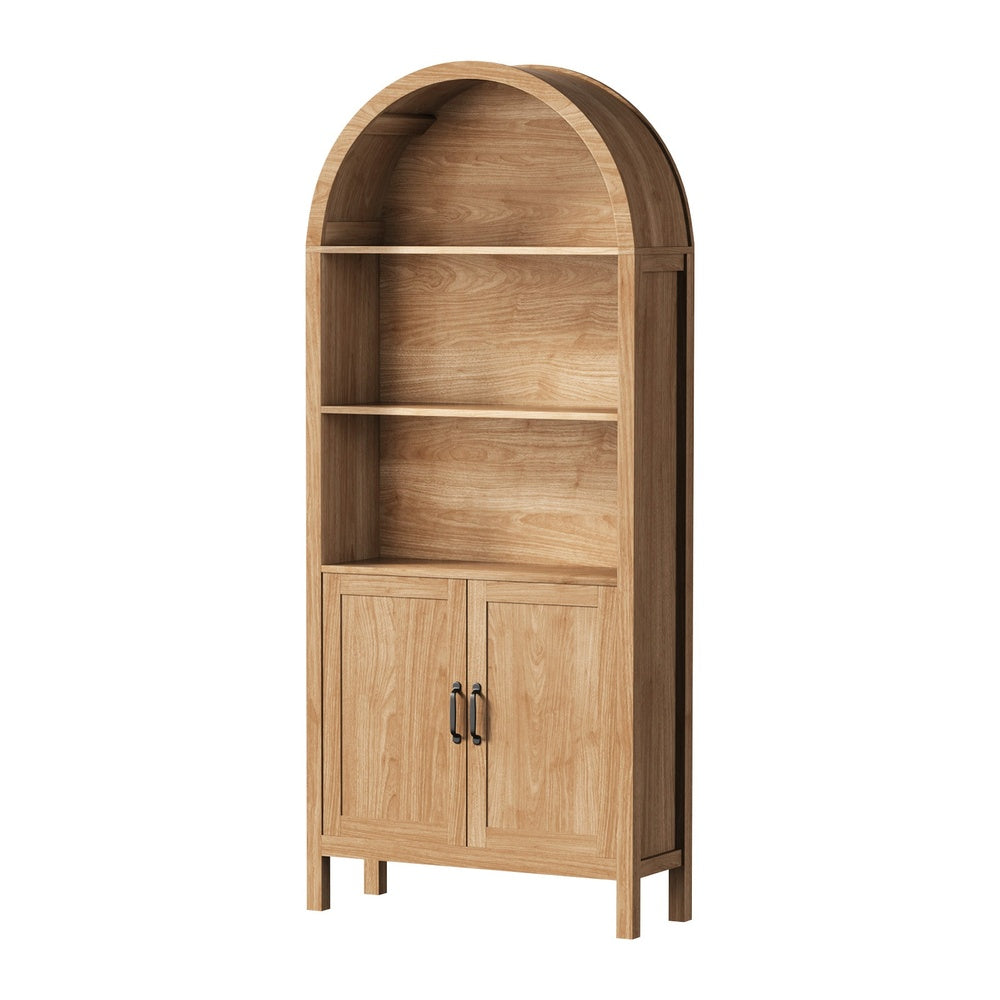 Bookshelf – Arched Design, 3 Shelves + 2‑Door Cabinet, Natural