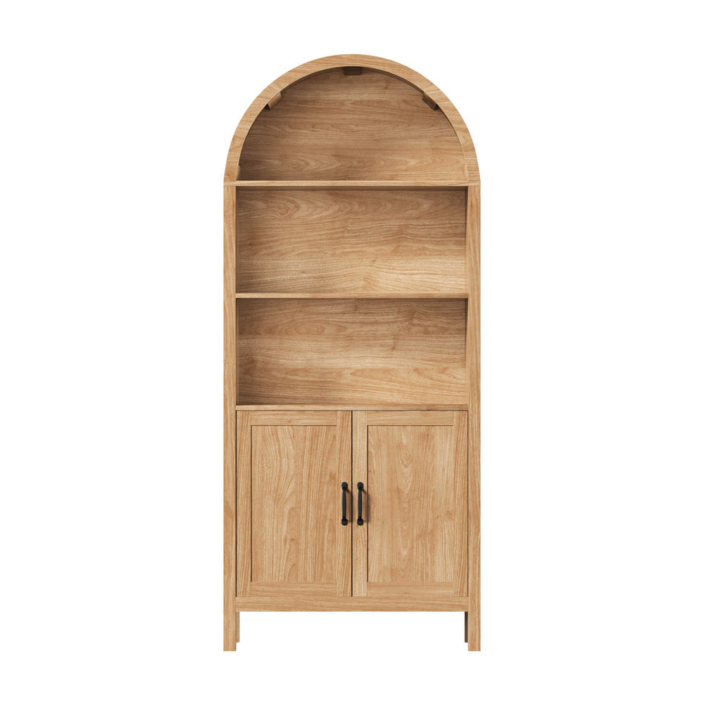 Bookshelf – Arched Design, 3 Shelves + 2‑Door Cabinet, Natural