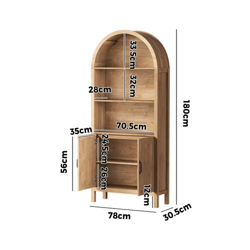 Bookshelf – Arched Design, 3 Shelves + 2‑Door Cabinet, Natural
