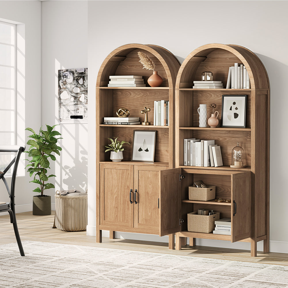 Bookshelf – Arched Design, 3 Shelves + 2‑Door Cabinet, Natural