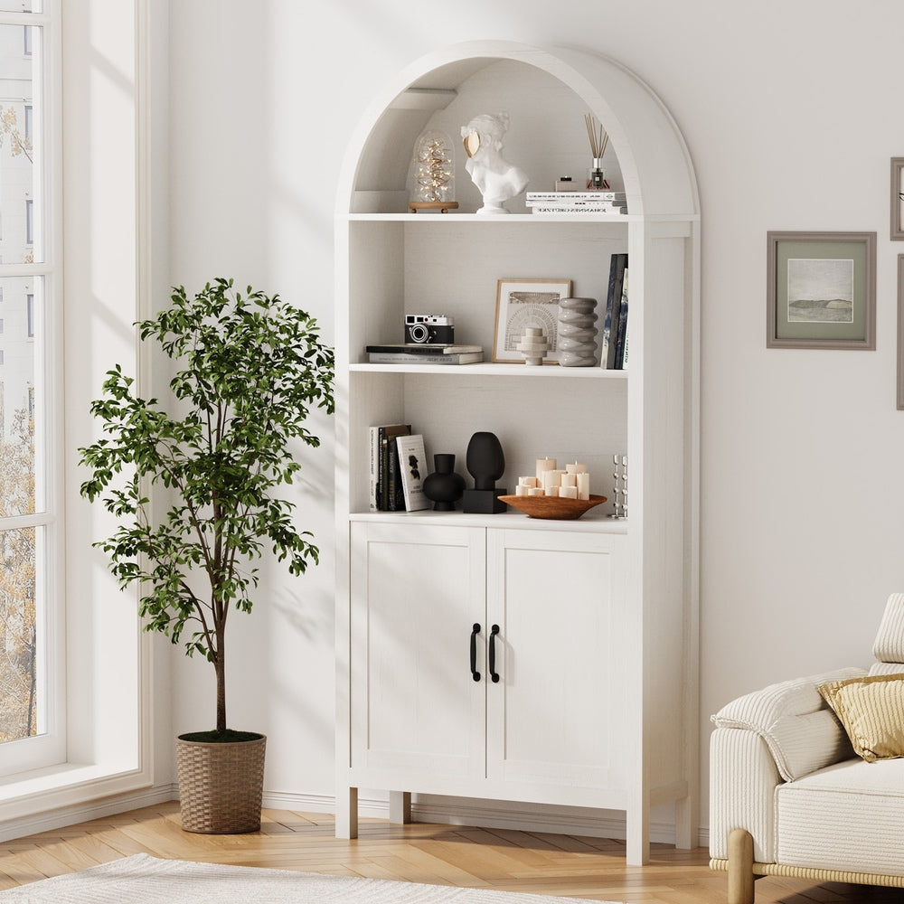 Bookshelf – Arch Top, 3 Shelves + 2‑Door Cabinet, White, 180cm