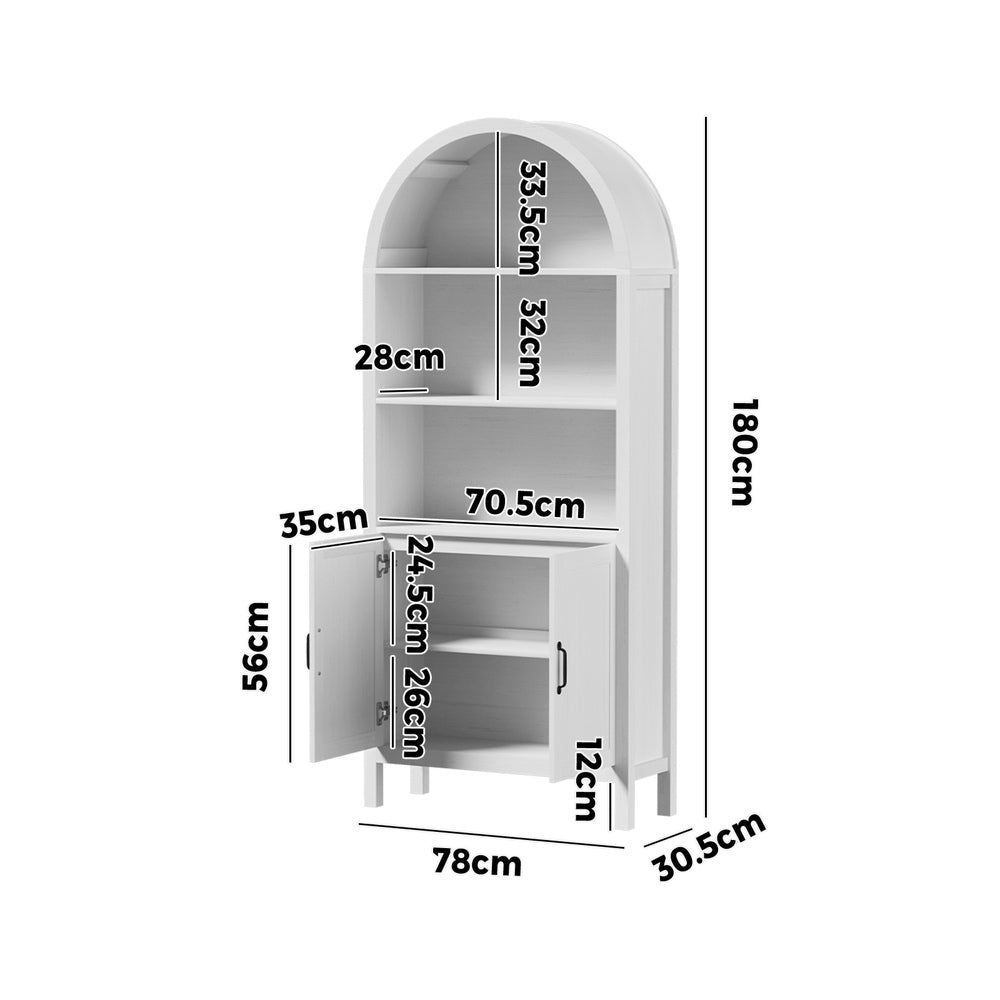Bookshelf – Arch Top, 3 Shelves + 2‑Door Cabinet, White, 180cm