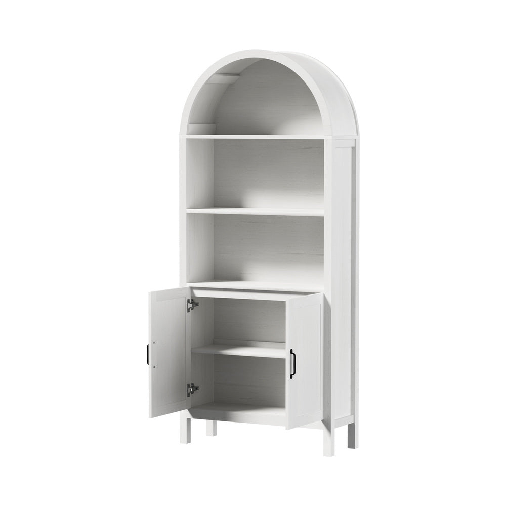 Bookshelf – Arch Top, 3 Shelves + 2‑Door Cabinet, White, 180cm