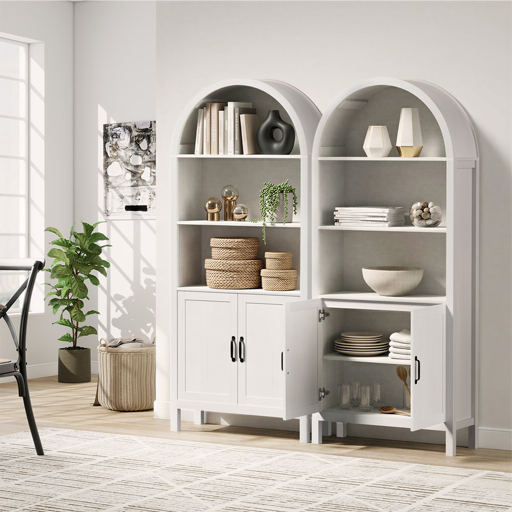 Bookshelf – Arch Top, 3 Shelves + 2‑Door Cabinet, White, 180cm