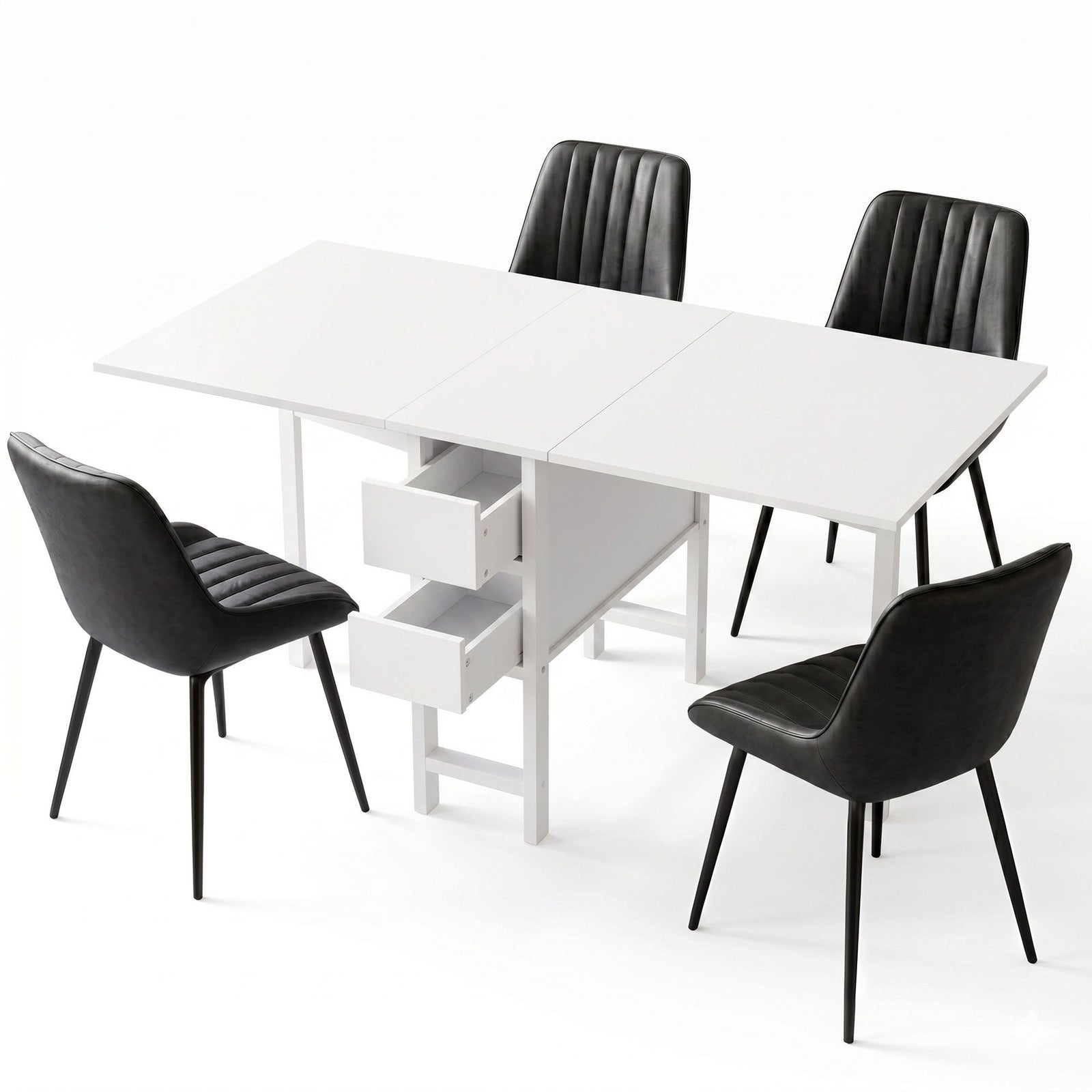 Gateleg Folding Dining Set – 4 Chairs, 150cm Extendable Table, White/Black