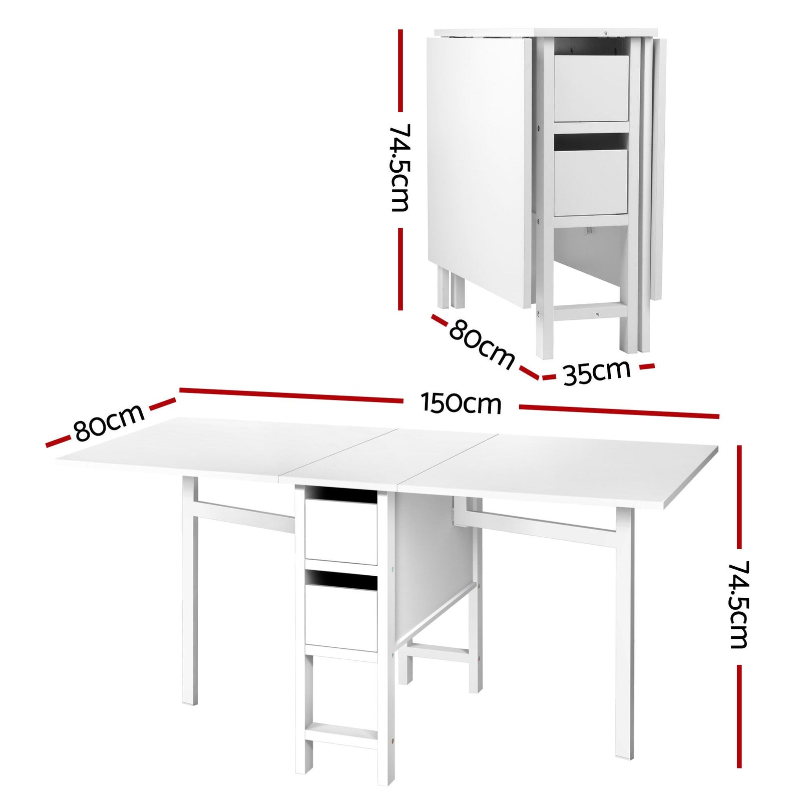 Gateleg Folding Dining Set – 4 Chairs, 150cm Extendable Table, White/Black