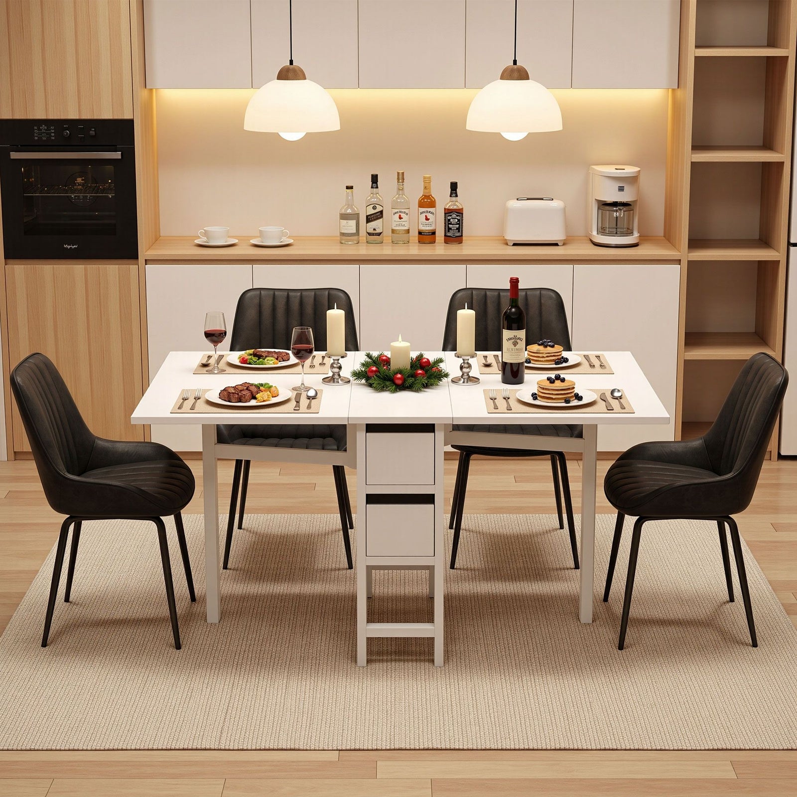 Gateleg Folding Dining Set – 4 Chairs, 150cm Extendable Table, White/Black
