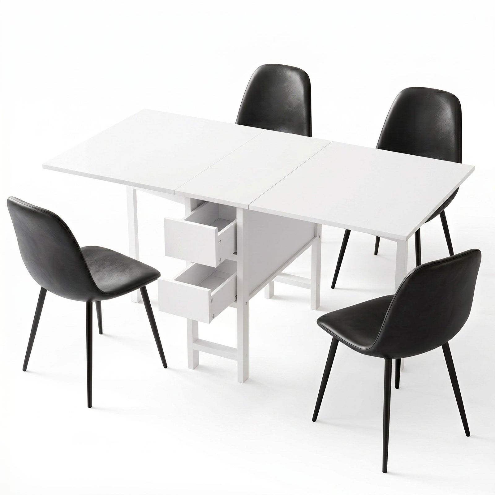 Gateleg Folding Dining Set – 4 Chairs, 150cm Extendable Table, White/Black