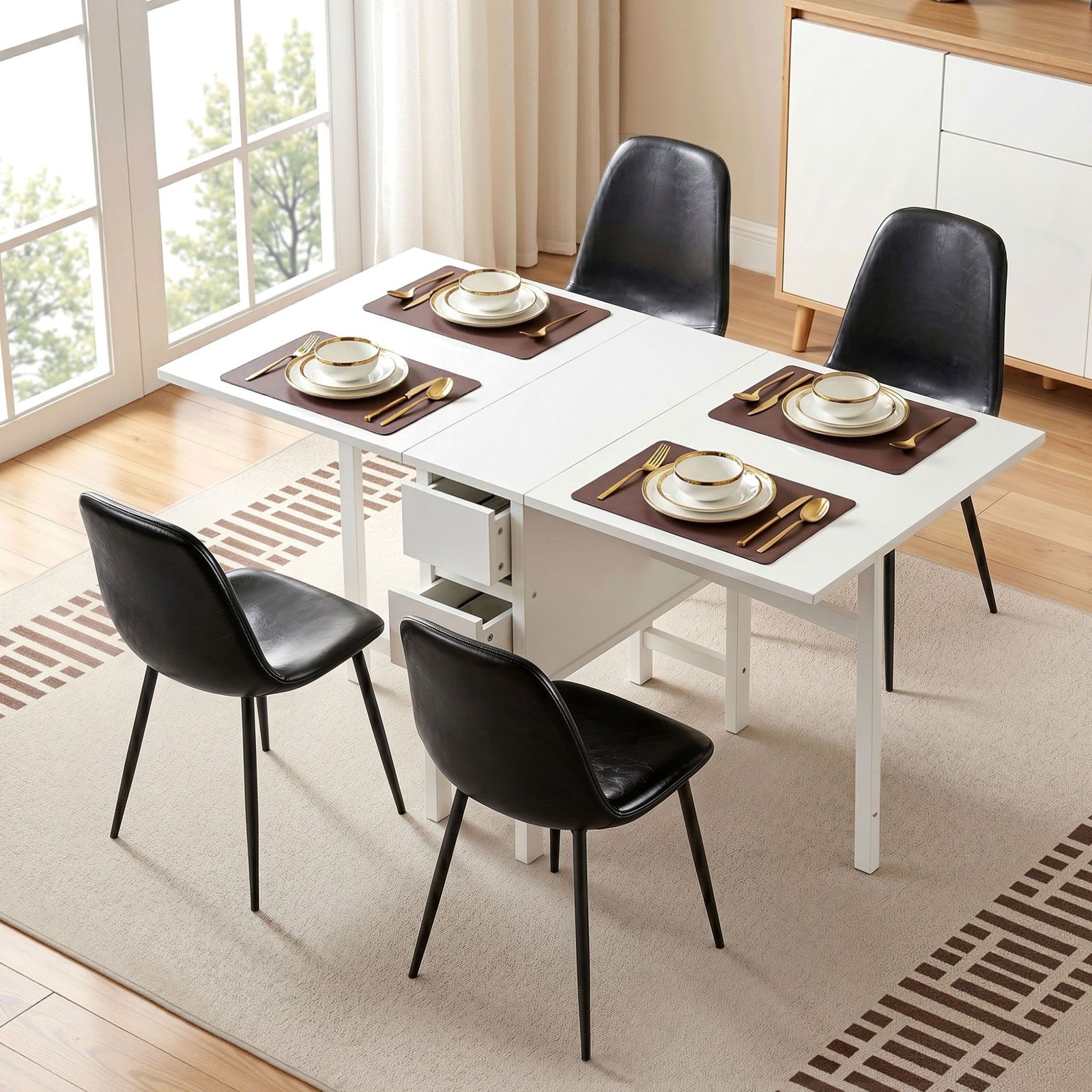 Gateleg Folding Dining Set – 4 Chairs, 150cm Extendable Table, White/Black